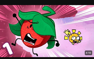 a cartoon of a strawberry and a sun with the time of 4:10 on the bottom right