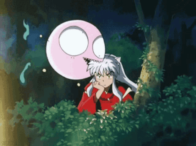 a cartoon character with a pink circle on his head and a ghost behind him