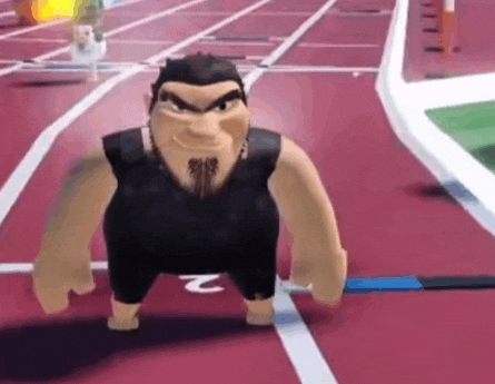 a cartoon character is standing on a track with a dog behind him .