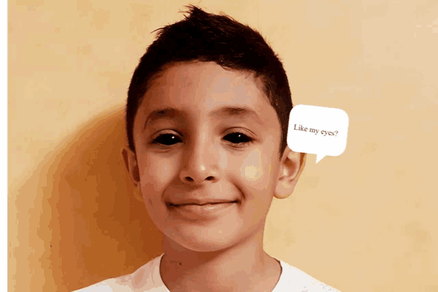 a young boy has a speech bubble above his head that says like my eyes