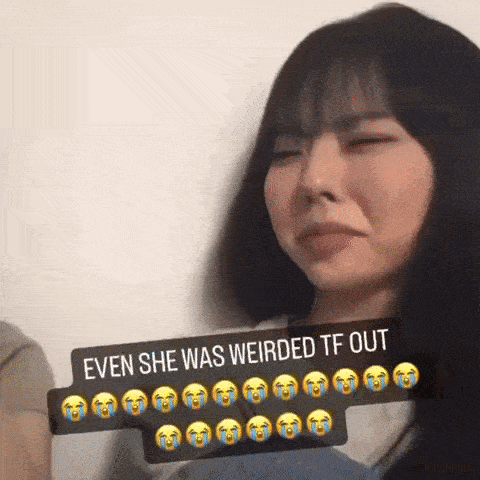 a woman is crying with the words even she was weirded tf out