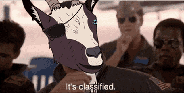 a cartoon goat says it 's classified in front of a group of men