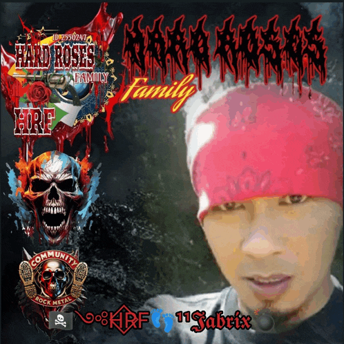 a man wearing a red bandana with the words hard roses family written on it