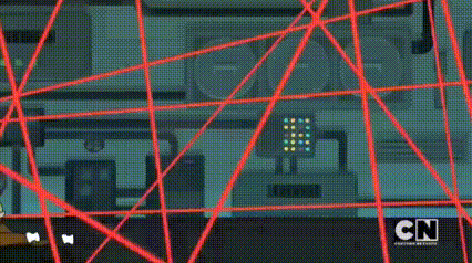 a couple of cartoon characters are standing next to each other in a room surrounded by red wires .