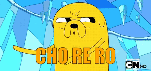 a cartoon character from adventure time says chore ro in orange letters