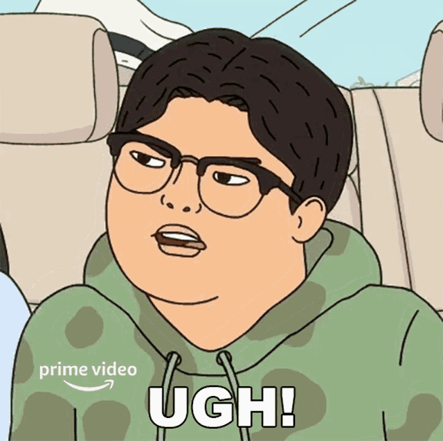 a cartoon of a man wearing glasses and a green hoodie that says prime video ugh