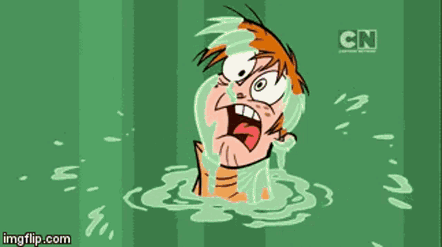 a cartoon of a boy swimming in a pool with a monkey on a raft