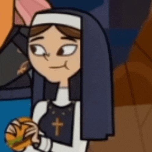 a cartoon nun is holding a hamburger in her hands .