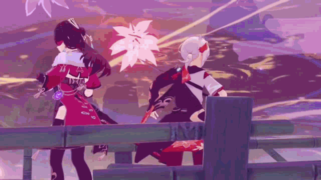 a man and a woman are standing next to each other on a bridge in a video game .