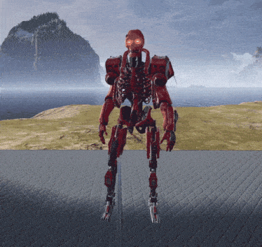 a red robot is standing in front of a mountain and ocean
