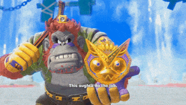 a video game character says this oughta do the job on the screen