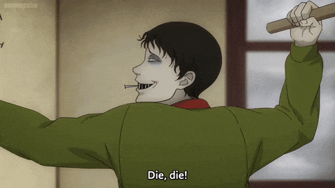 a man in a green shirt is holding a stick and saying die die