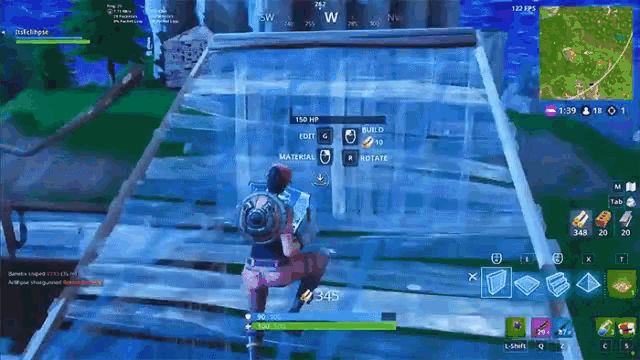 a person is playing a video game called fortnite and they have a shield on their back .