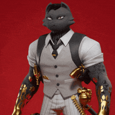 a man in a suit and tie with a cat mask on his face