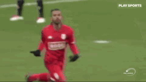 two soccer players are running on a field .