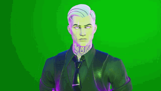 a man in a black shirt and tie is standing in front of a green screen with purple hands .