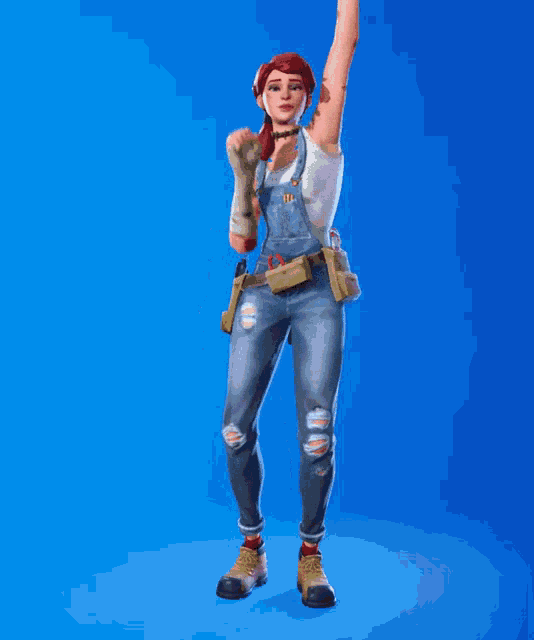 a woman in overalls is dancing with her arms up in the air