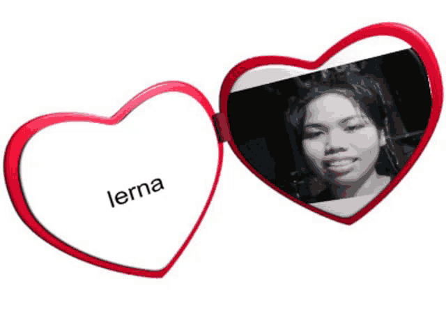 two red heart shaped mirrors with the name lerna on the front