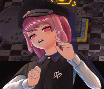a girl with pink hair is wearing a black hat and a black cape