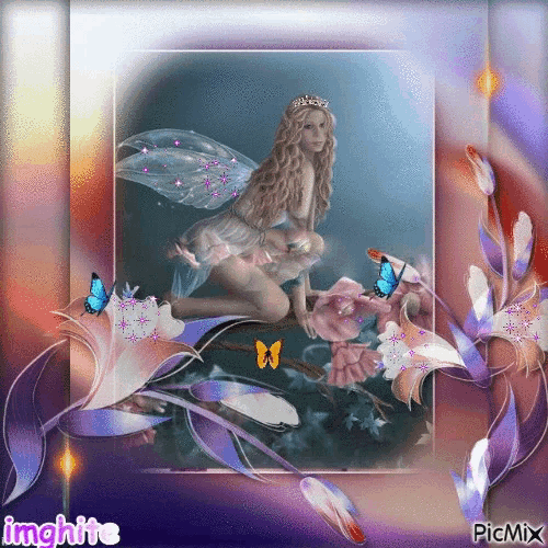 a picture of a fairy sitting on a branch with butterflies and flowers