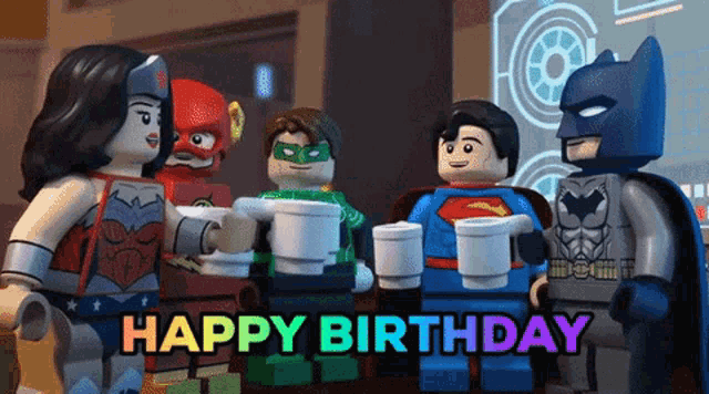a group of lego superheroes toasting with cups of coffee with the words happy birthday in the corner
