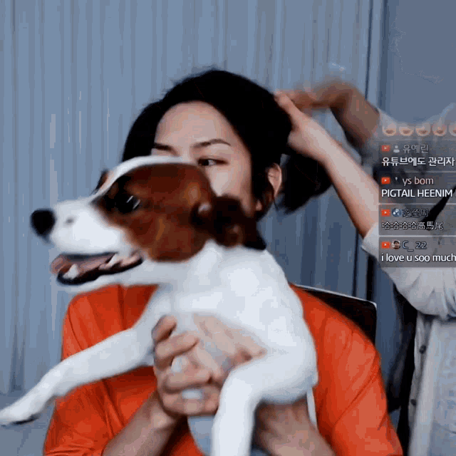 a woman is holding a small brown and white dog in front of her