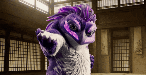 a purple and white furry animal is standing in a room