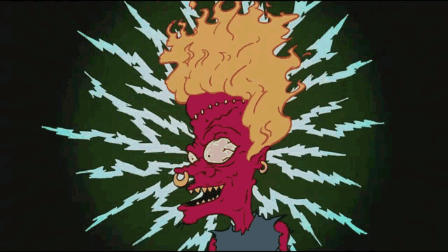 a cartoon character with flames on his head is surrounded by lightning