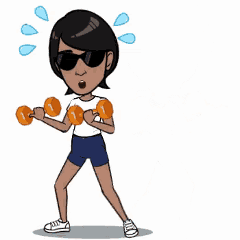a cartoon of a woman wearing sunglasses and shorts is lifting dumbbells .