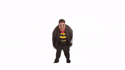 a man in a batman costume is wearing sunglasses and a black jacket