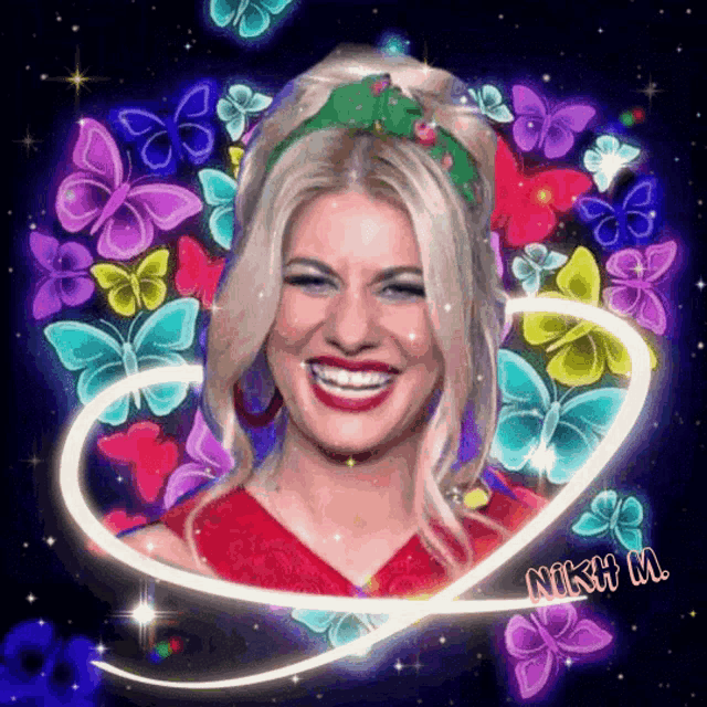 a woman in a red dress is surrounded by colorful butterflies and has the name niki on the bottom