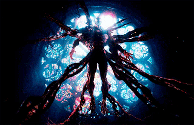 a stained glass window with a creature in the background