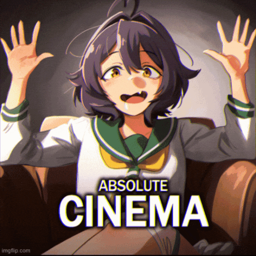 a girl is sitting on a couch with her hands in the air and the words absolute cinema above her