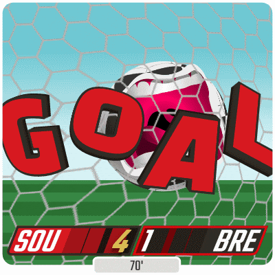 a soccer ball is going through a goal net and the score is 4 1 bre