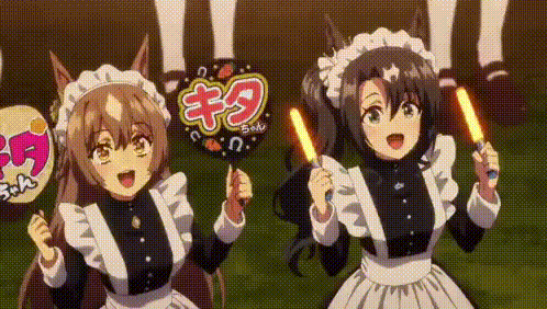 two anime maids are standing next to each other holding a fan and a light .