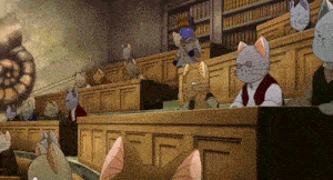 a group of cats are sitting in a courtroom