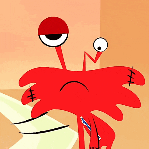 a red cartoon character with stitches on his arms and legs