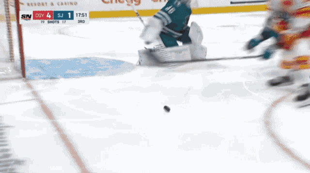a hockey game is being played between the sharks and flames