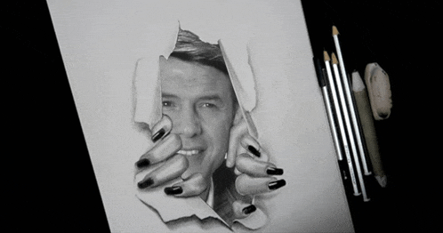 a black and white drawing of a man with black nails behind a hole in a piece of paper