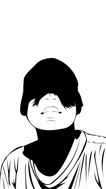 a black and white drawing of a person with a hat on