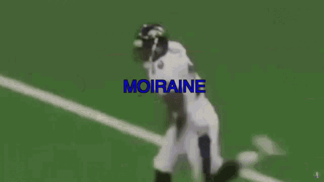 a football player is running on the field and the name moiraine is on the screen