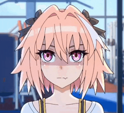 a close up of a cartoon character with pink hair and purple eyes