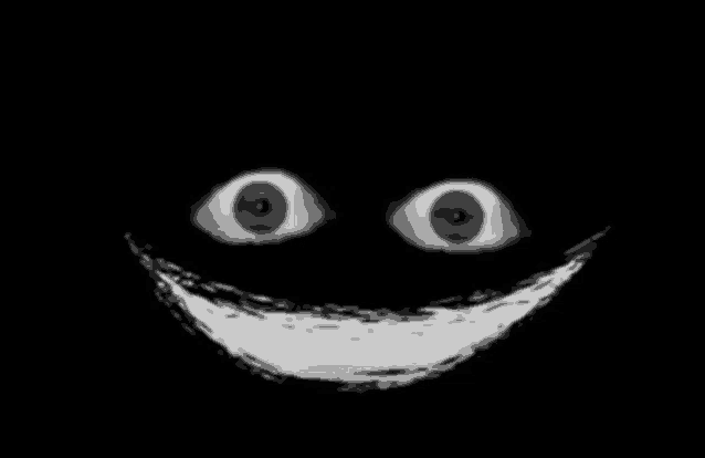 a black and white drawing of a smiling face with large eyes