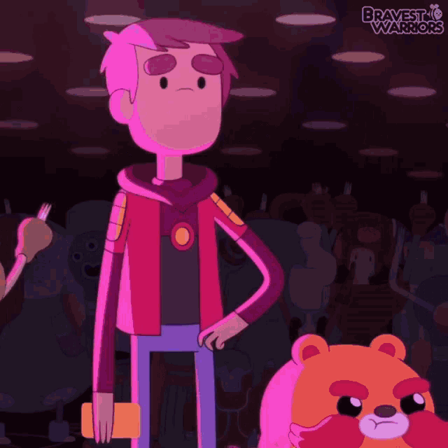 a cartoon character from bravest warriors standing next to a bear