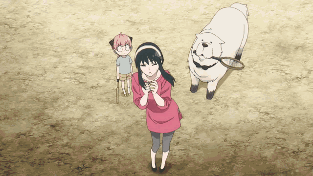 a woman in a pink shirt is standing next to a dog holding a tennis racquet