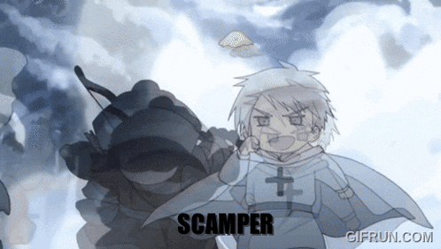 a cartoon of a boy with the word scamper on the bottom right