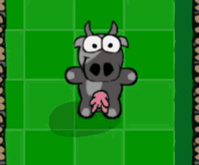 a cartoon cow is standing on a green tiled surface