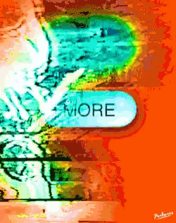 a painting with a blue button that says more on it