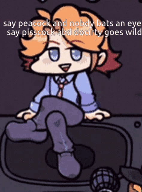 a cartoon character with a caption that says " say peacock and nobody bats an eye say piscock add docrity goes with "