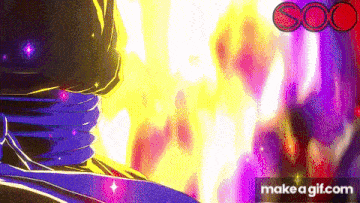 a cartoon character is standing in front of a purple and yellow fire .